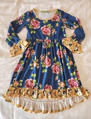 Millie Loves Lily Blue Floral Rose Ruffled Knit Dress Girls Size 8
